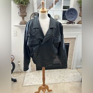Vintage Anchor Blue Black Leather Moto Jacket